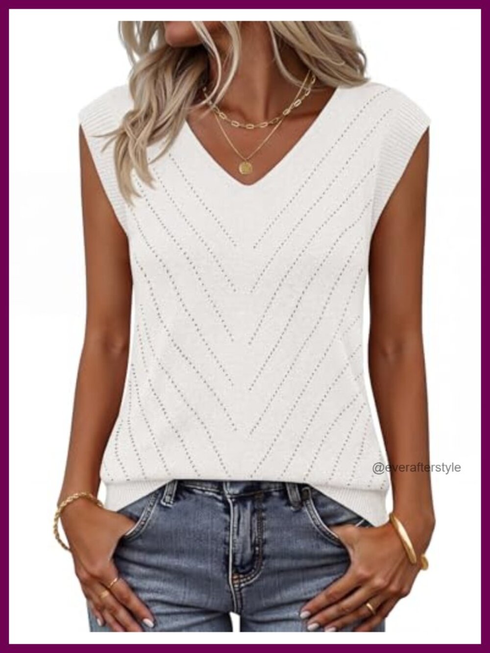 Lightweight Knit Sweater Vest V Neck Eyelet Sleeveless Tank Top